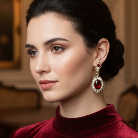 Alloy and crystal inlay earrings, durable earrings, gold color and red stone dan - Picture 1 of 8